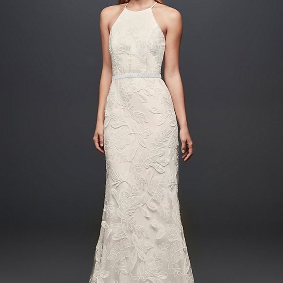 NWT: Wedding Gown: sequin leaf-appliqued high neck sheath gown - Picture 4 of 6